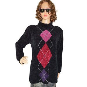 Vintage 90s Valarie Stevens Chenille Argyle Turtle Neck Sweater Women S Petite